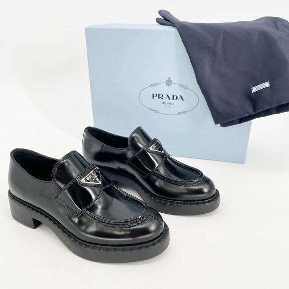 Prada Black Brushed Leather Chocolate Chunky Triangle Logo Loafer size IT 36 - Picture 1 of 15